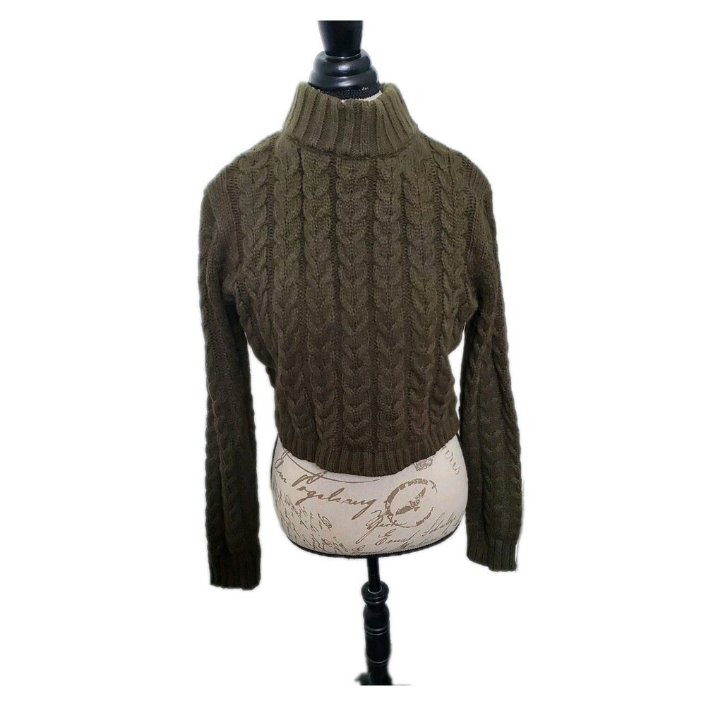 WINDSOR L Olive Green Chunky Knit Turtle Neck Open Back Bow Concert Going Out